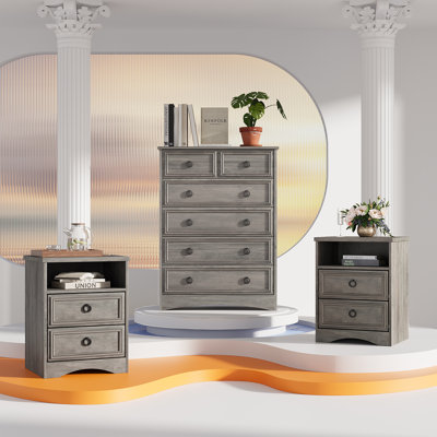 Lark Manor™ 3 Piece Bedroom Dresser Set - 6 Drawer Tall Dresser And Two 2 Drawer Nightstands,Gray Wash by Lark Manor