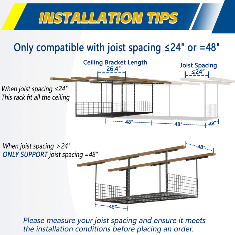4x8FT Overhead Garage Storage Rack, Heavy-Duty Adjustable Ceiling Shelving System (22"-42"H) with Side Guardrails, 700 lb Capacity