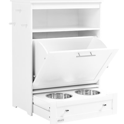 White Pet Feeder Station Cabinet, Dog Food Container With Raised Bowls & Hanger, Versatile Design Storage: Convenient Cabinet