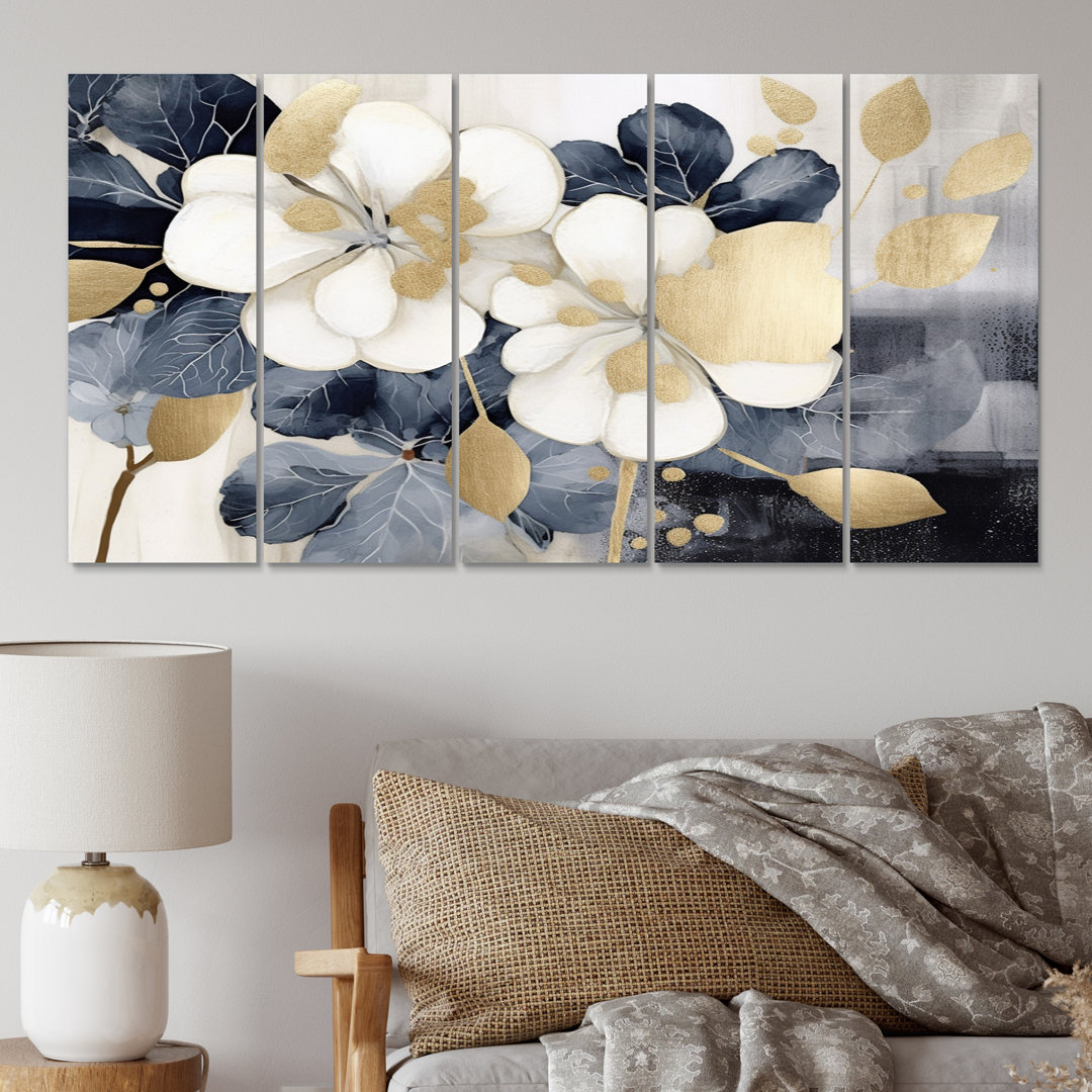 White Gold Hydrangea Blooms Heaven II - 5 Piece Wall Decor Set Metal Design Art