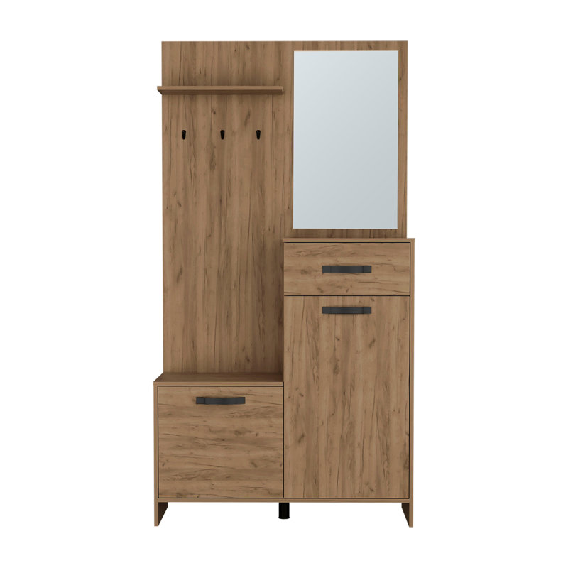Hall d'entrée à miroir 75 po Parker avec cintres, trois tablettes, deux armoires, un tiroir, une entrée, une console, un salon en chêne clair