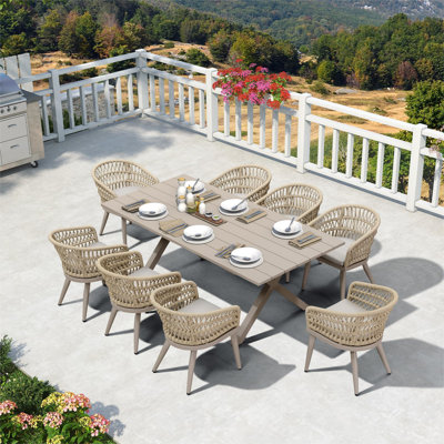 Corrigan Studio  Outdoor Dining Set All-weather Pe Rattan Outdoor Patio Furniture Set With All Aluminum Frame Rectangular Table And Chairs Set For Lawn Garden Backyard Deck, Champagne