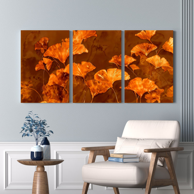 Ensemble de 3 tableaux sur toile à motif de feuilles de ginkgo d'automne, pour la décoration du salon et de la chambre.