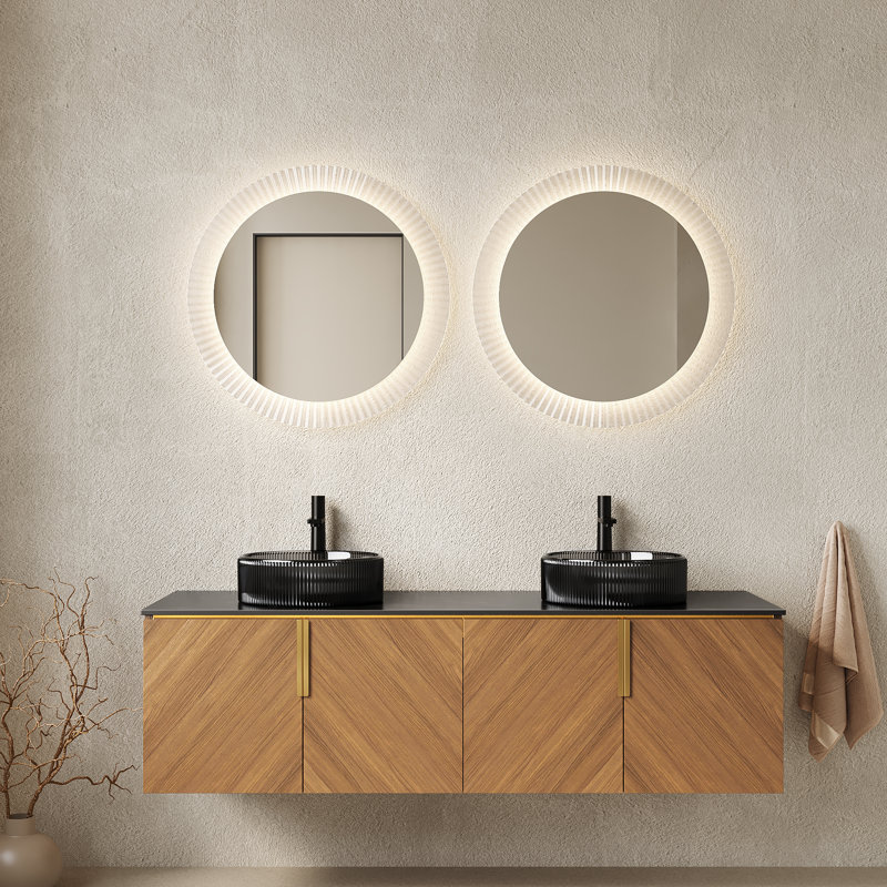 Armoire de rangement murale 60 po moderne en chêne brun industriel avec lavabos doubles, Brun, Brun