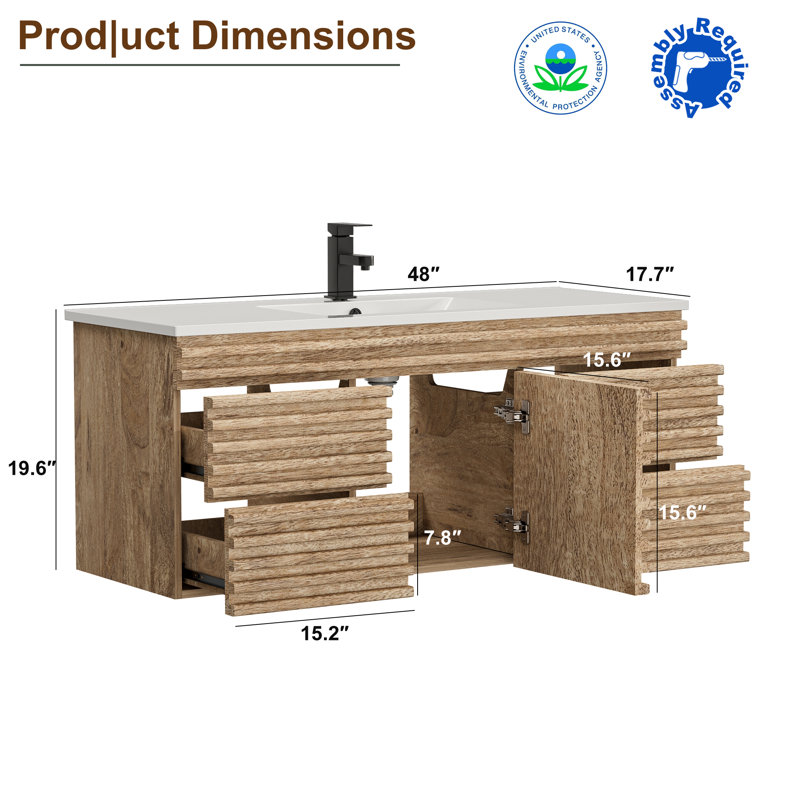 48" Wall Mounted Single Bathroom Vanity with Integrated Sink Top, Faucet, Farmhouse Floating Bathroom Cabinet, 48"