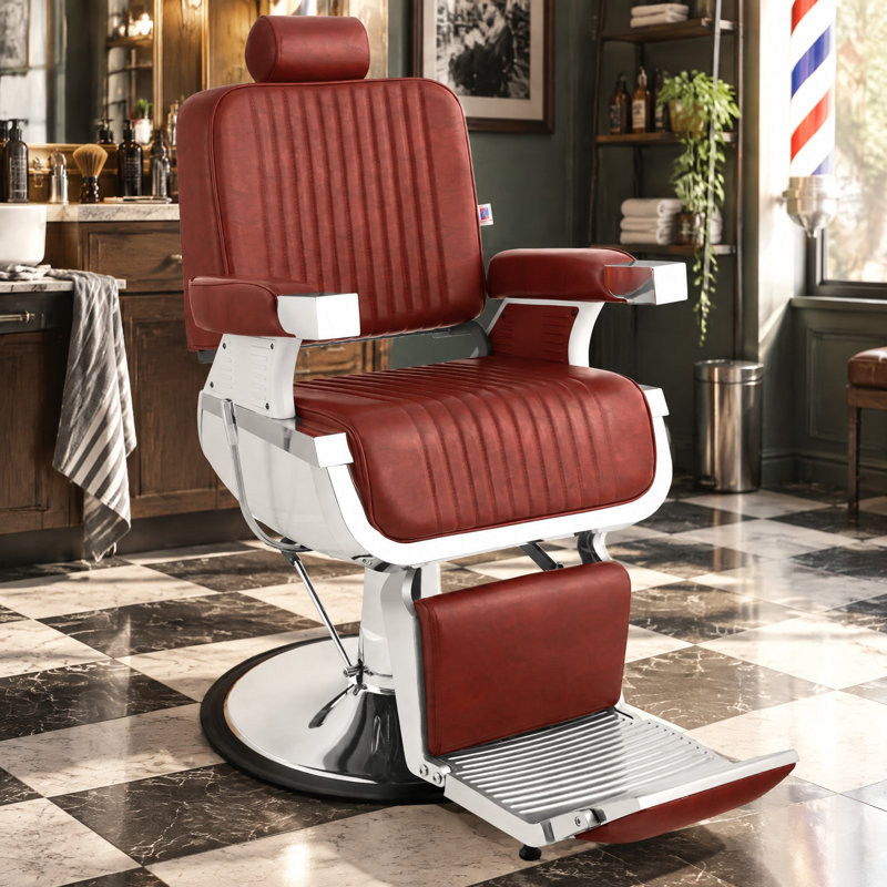 Fauteuil de salon rétro à hauteur réglable rouge, fauteuil de coiffeur inclinable à rotation à 360 degrés