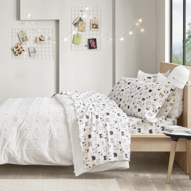 Cozy Soft 100% Cotton Flannel Sheet Set, Full Sheet Case Pack with Fitted Sheet, Gray/Pink Cats