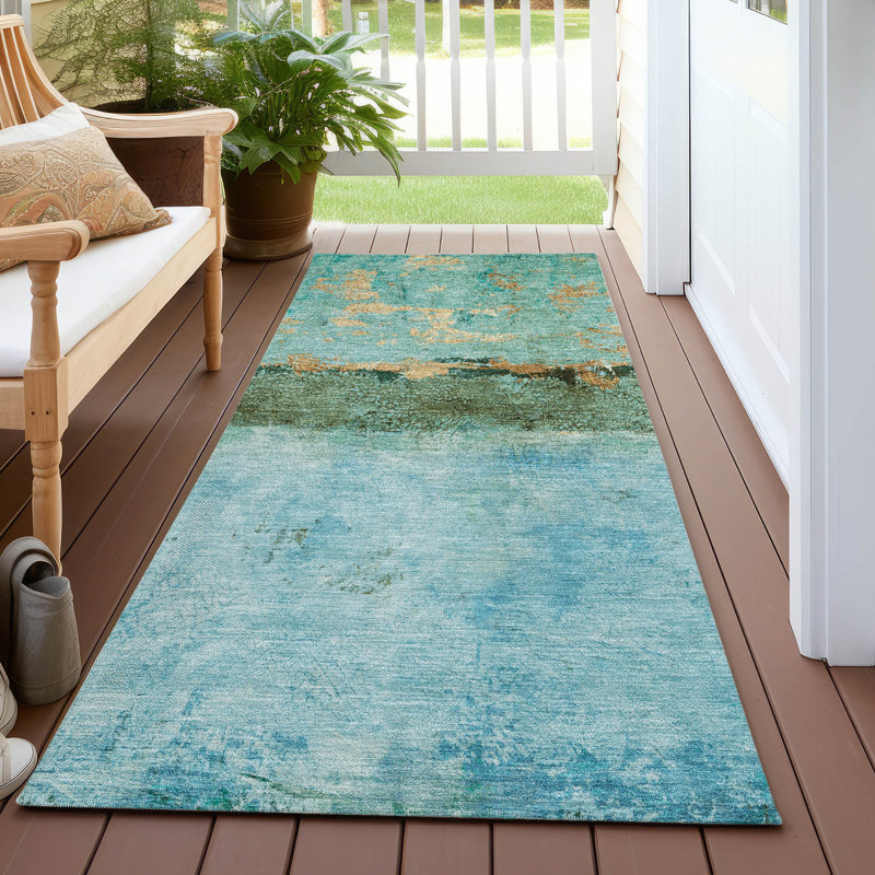 Machine Washable Indoor/Outdoor Cinead ACN1716 Teal Rug, Runner 2'3" x 7'6"