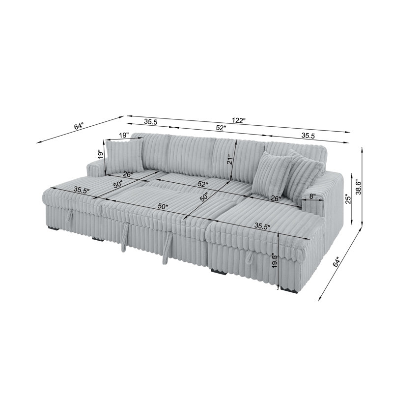 122'' Oversized U Shaped Corduroy Sectional Sleeper Sofa with Pull Out Bed and Double Storage Chaise, Grey, Gray Corduroy