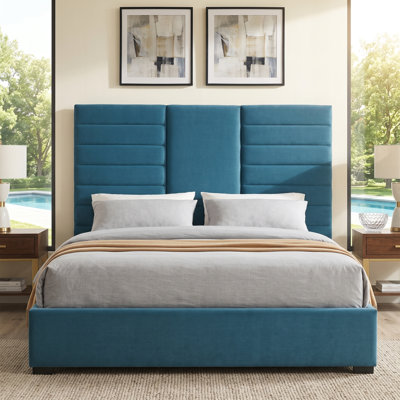 Hotel-Inspired Upholstered Bed, Extra-Tall Headboard, 2 Drawers, King, Blue