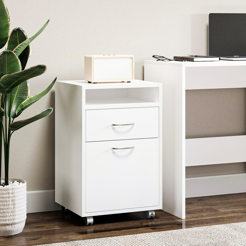 Unité de rangement de bureau blanche avec tiroir et armoire, mobile, offre beaucoup d'espace, se glisse sous une armoire de bureau dans un bureau mobile, et pratique