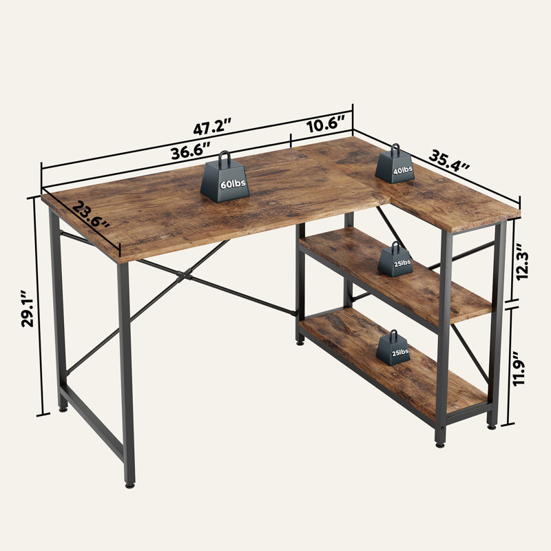 Bureau d'ordinateur en L Walbrook, bureau de travail réversible avec tablettes réglables Walbrook, Brun rustique