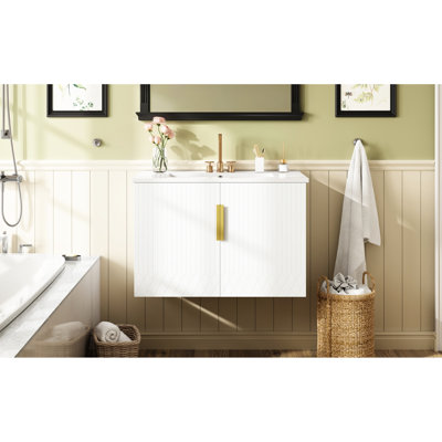 Meuble-lavabo de salle de bain rétro 30 po avec lavabo en céramique blanc brillant, 3 trous, 2 portes à fermeture douce, assemblage facile, apparence minimaliste de la quincaillerie de corrosion, armoire à deux portes, tablette ajustable, Scratch