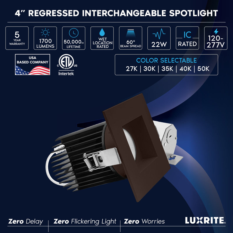 Éclairage encastré DEL 4 po LUXRITE, projecteur sans lumière régressé, 5CCT, 60º, 22W, 1700LM, garniture carrée en bronze interchangeable, à intensité variable, homologué pour les environnements humides et les circuits intégrés