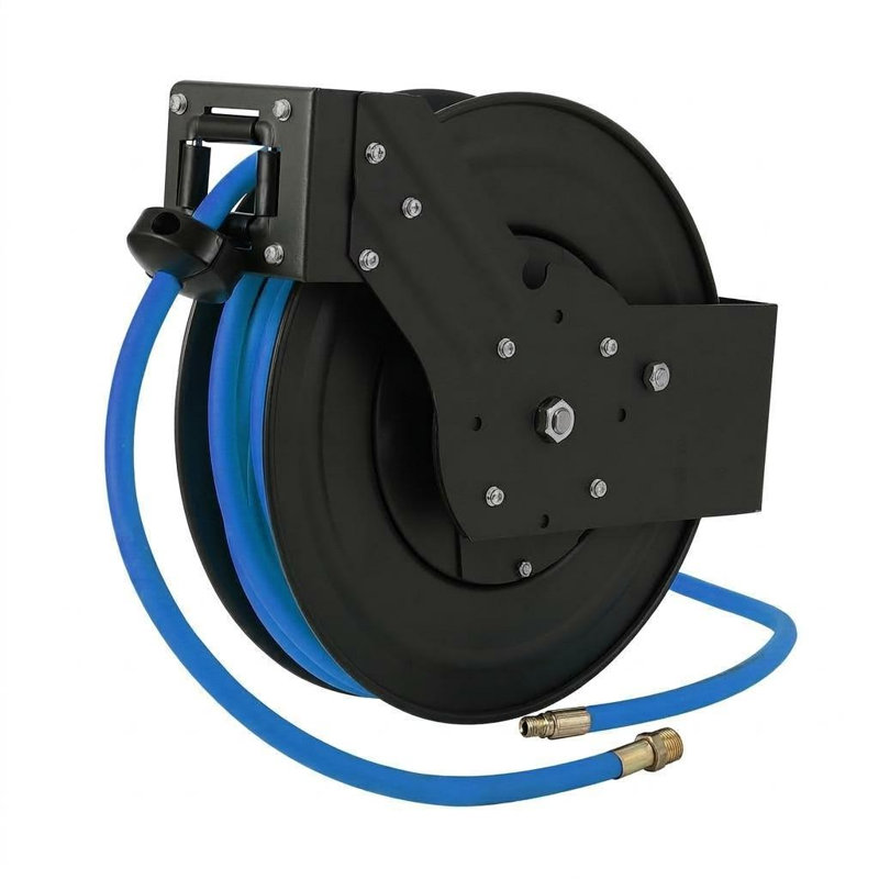 Enrouleur de tuyau d'air rétractable robuste - tuyau hybride de 3/8 po x 25 pi - à double bras, rembobinage automatique, 300 PSI maximum, support principal de 5 pi, support pivotant à 180 ° - montage mural / au plafond, fabrication en acier