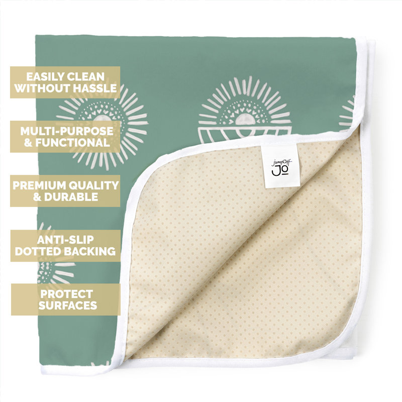 JumpOff Jo - Tapis pour bébé sous une chaise haute, - Tapis de sol pour bébé lavable et imperméable pour table de jeu et de salle à manger de style artisanat, tissu réutilisable 51 po x 51 po - Rainbow Sun