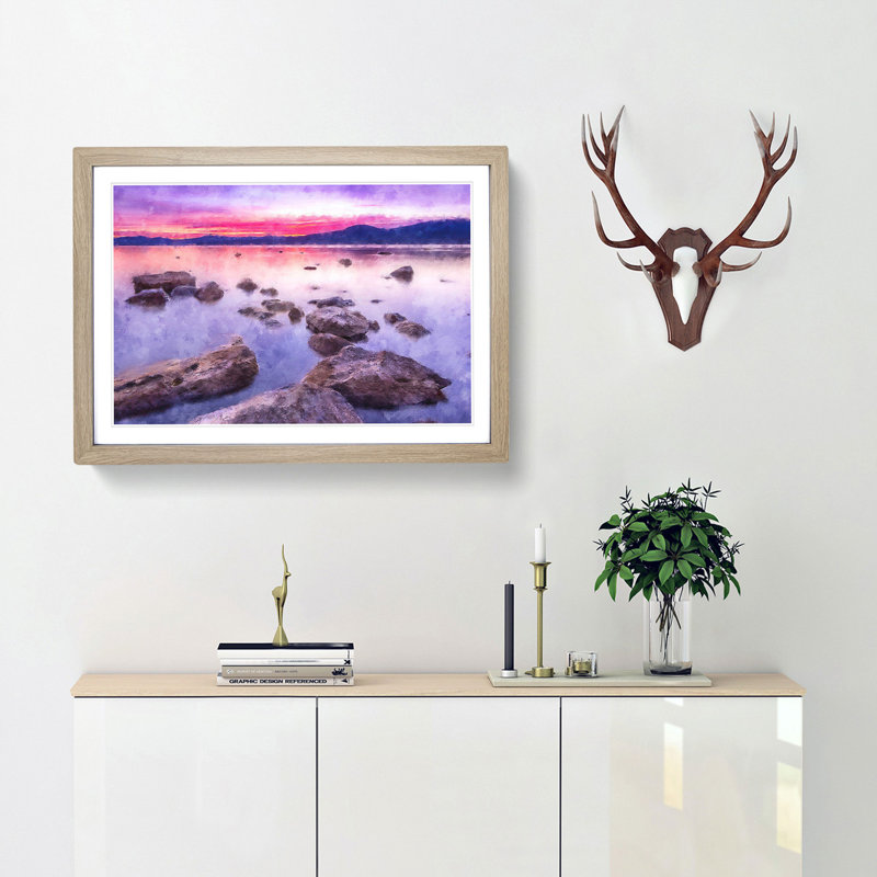 Sunset over Lake Tahoe - Picture Frame Painting Print, Oak Framed, 45cm H x 63cm W x 2cm D
