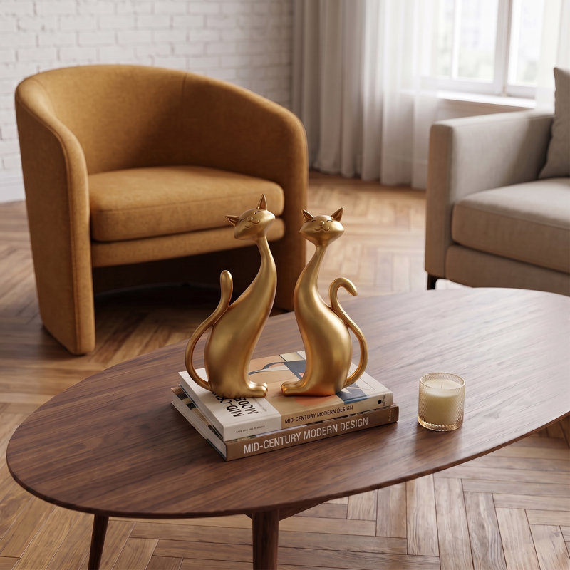 Gold Cat Figurine Set of 2, Modern Resin Cat Statues with Long Necks and Curled Tails 