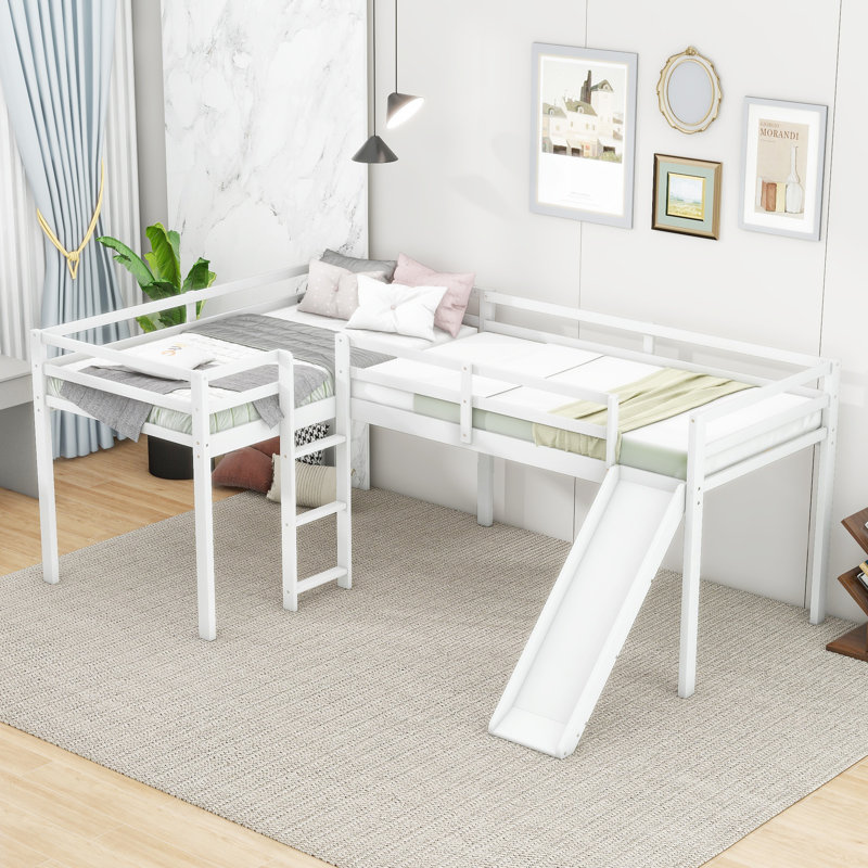 L-Shaped Twin Size Loft Bed with Ladder and Slide - Space-Saving, Sturdy Pine Wood & MDF Construction