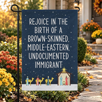 Christmas Welcome Garden Flag ,Double Sided 12x18 Inch Yard Flags,Blue white nativity immigrant