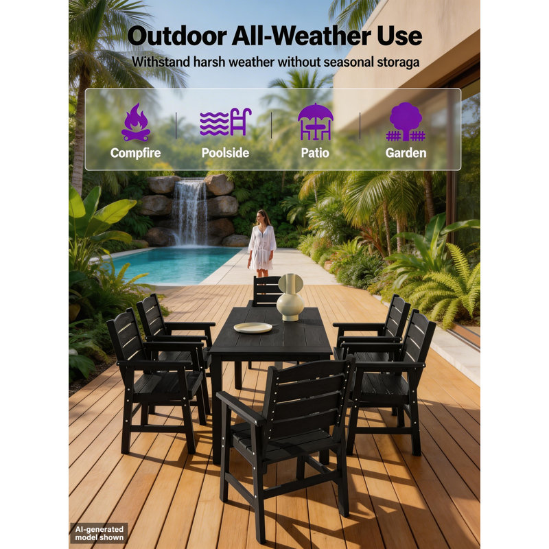 All Weather Outdoor Table and Chairs 7 Pieces Patio Dining Sets Outside Furniture With Umbrella Hole& Aluminum Frame HIPS Modern Patio Dining Set for 6 Person for Outside Backyard/Porch/Deck, 1-Table 6-Chairs, Black