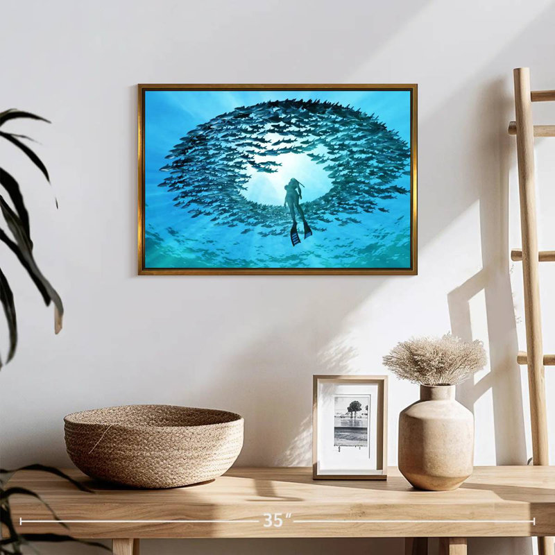 Plongée avec des poissons, Cadre flottant doré, 19 po x 13 po