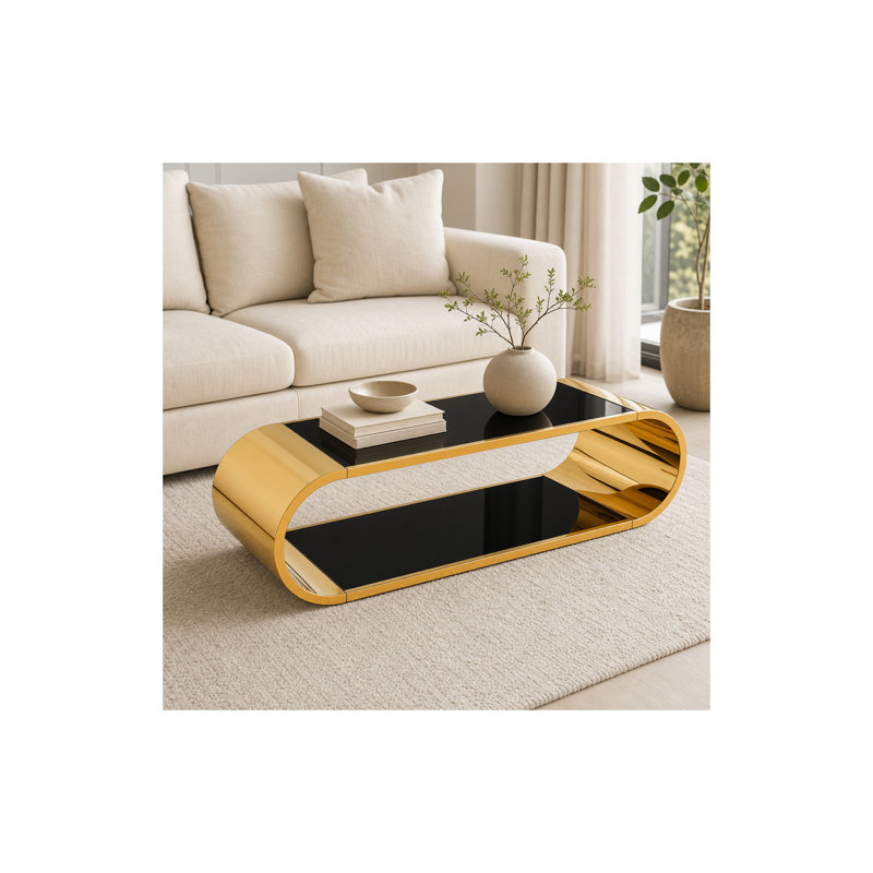  Table basse 57 pouces à deux niveaux en verre trempé noir avec cadre en acier inoxydable, Verre noir / cadre doré