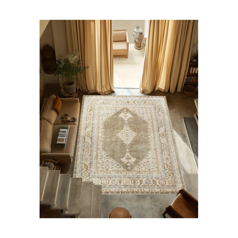Beige Themed Traditional Motif Patterned Vintage Decorative Carpet, Round 3'4"