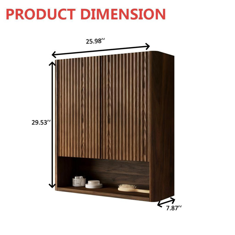 26" Wall Mounted Walnut Toilet Storage Bathroom Cabinet With 2 Striped Solid Wood Doors and Open Shelf, Walnut