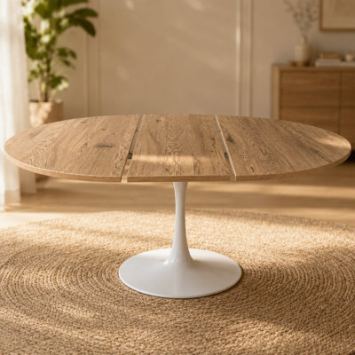 Table de salle à manger ronde extensible de 147 cm (57,87 po) pour 4 à 6 personnes, table moderne, table tulipe, plateau en MDF et pied en métal, table ovale moderne, table basse de style milieu du siècle pour salon