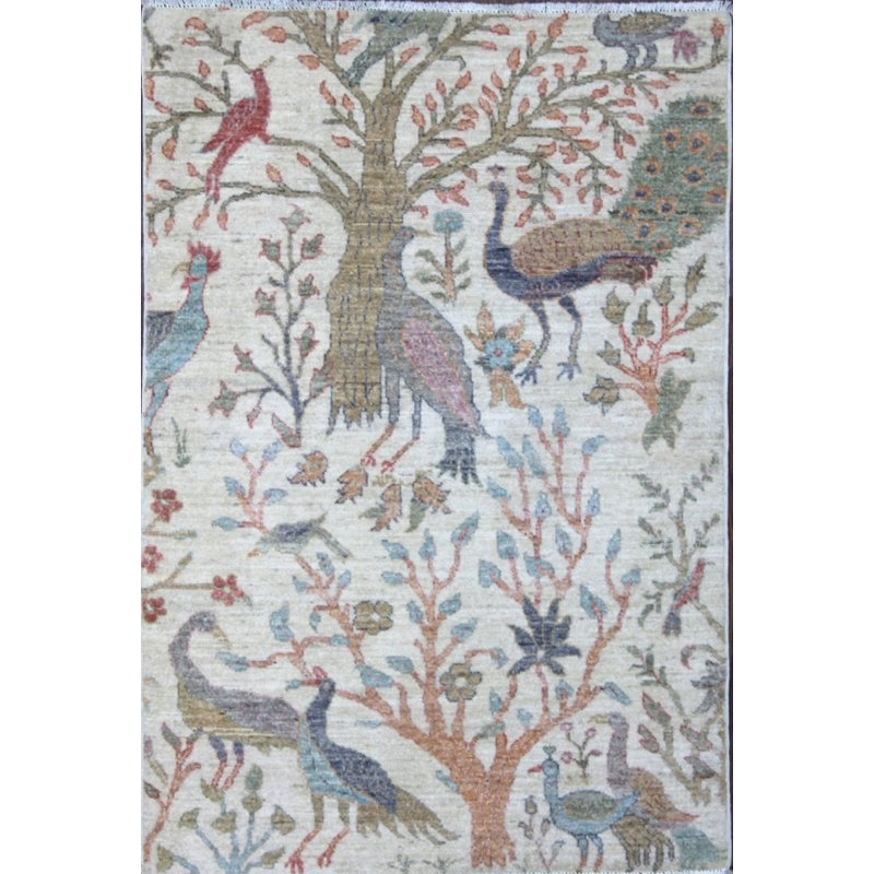 Birds Collection, Contemporary, Transitional One-of-a-Kind Rectangle 3'2" X 4'10" Hand Knotted Area Rug