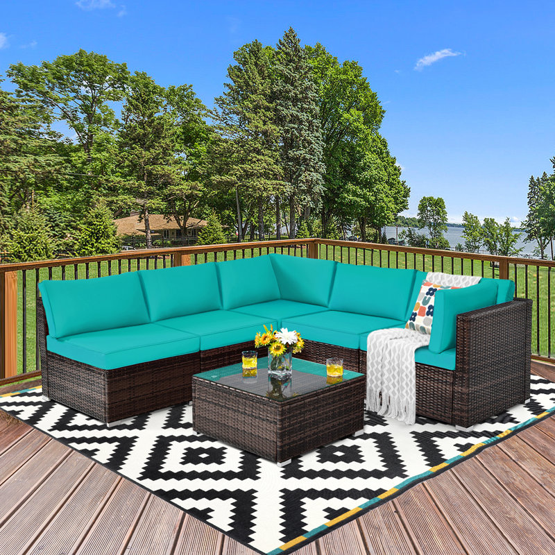 Ensemble de canapé modulaire d'extérieur en rotin 6 pièces Latitude Run® avec coussins turquoise, Bleu