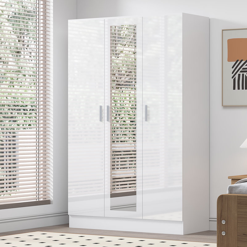 Eva High Gloss Mirrored 3 Door Wardrobe - H: 180cm x D: 47cm x W: 113cm, Matte White/Gloss White