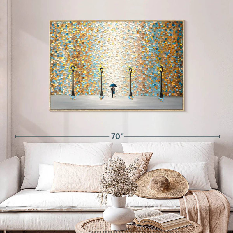Baiser sous la pluie dorée, Cadre flottant en bois naturel, 46 po x 31 po