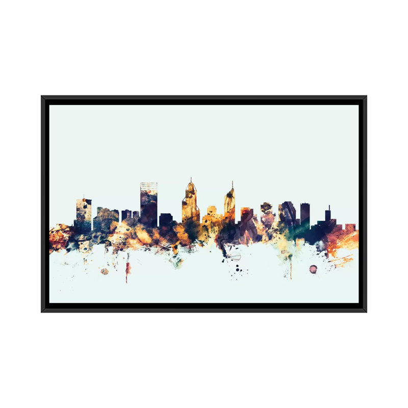 Skyline Series: Perth, Australie, impression sur toile tendue en bleu, H 18 po x l 26 po x P 1,5 po, Toile avec cadre noir