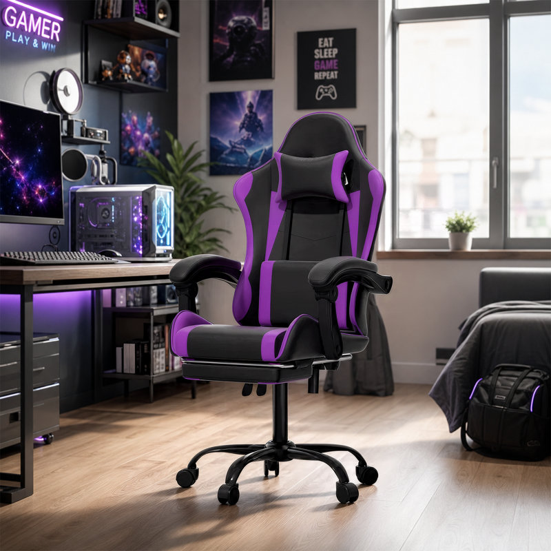 PU Leather Adjustable Gaming Chair, Ergonomic Desk Computer Chair with Headrest, Footrest and Lumbar Support, Purple
