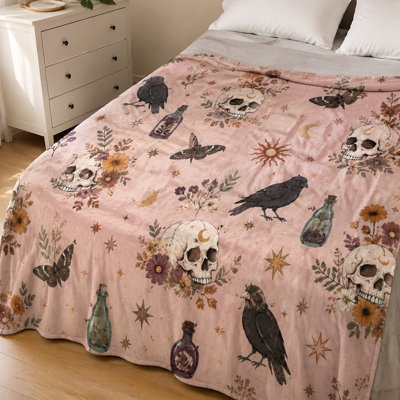 Couverture à imprimé crânes et corbeaux gothiques, jet mystérieux Witchy Vibes pour canapé, canapé, chambre à coucher, décoration de salon