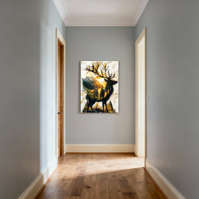 «Deer And Mountain Landscape», ensemble de 1 reproduction d'art sur toile tendue sur toile, H 40 po x l 28 po