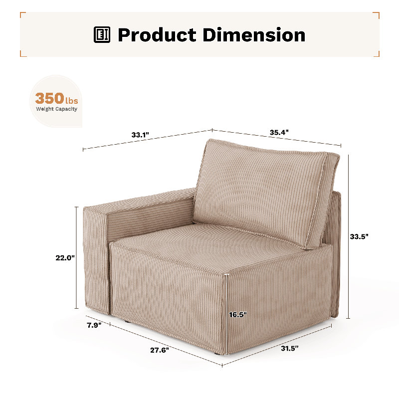 Fauteuil d'appoint modulaire faisant face à la gauche Bennett pour canapé modulaire modulaire, Tanné