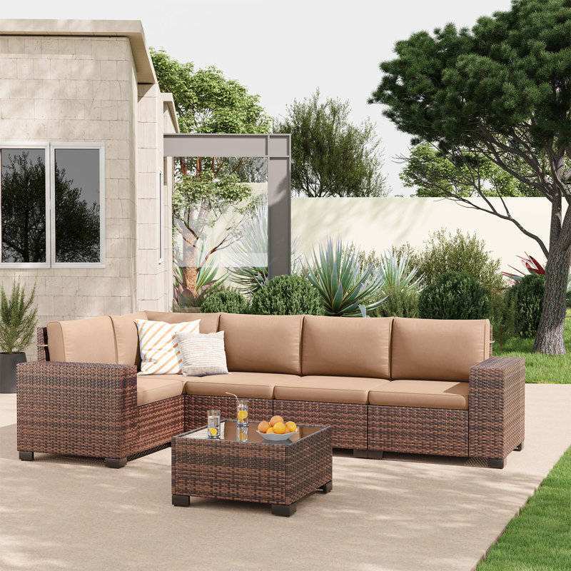 5 - Person Outdoor Rattan Sectional Seating Group With Cushions, Beige, Brown