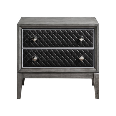 Modern Gray Nightstand For Bedroom - 2 Drawers, Faux Leather Upholstery, Diamond- Drawer Nightstand, Birch Veneer Wood Design