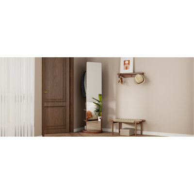 360° Rotating 69"X16" Multifunctional Full Length Mirror With Hook Storage Rack Coat Rack With Mirror  Wood Floor Mirror Bedroom Living Room Cloakroom Space Saving (Walnut)