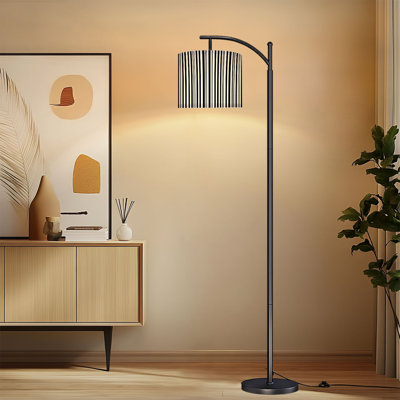 Arc Floor Lamp with Adjustable Lampshade Black White Striped Vertical Lines Standing Lamp 3 Color Temperatures Dimmable Tall Pole Lamp with Foot Switch for Bedroom