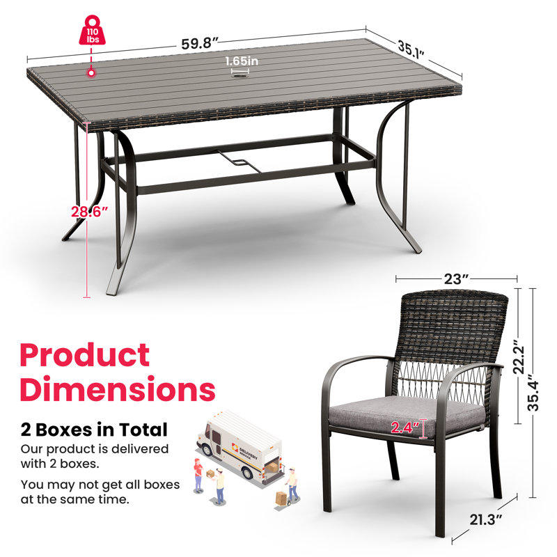 Ensemble repas pour 6 personnes en osier avec table rectangulaire, coussins inclus