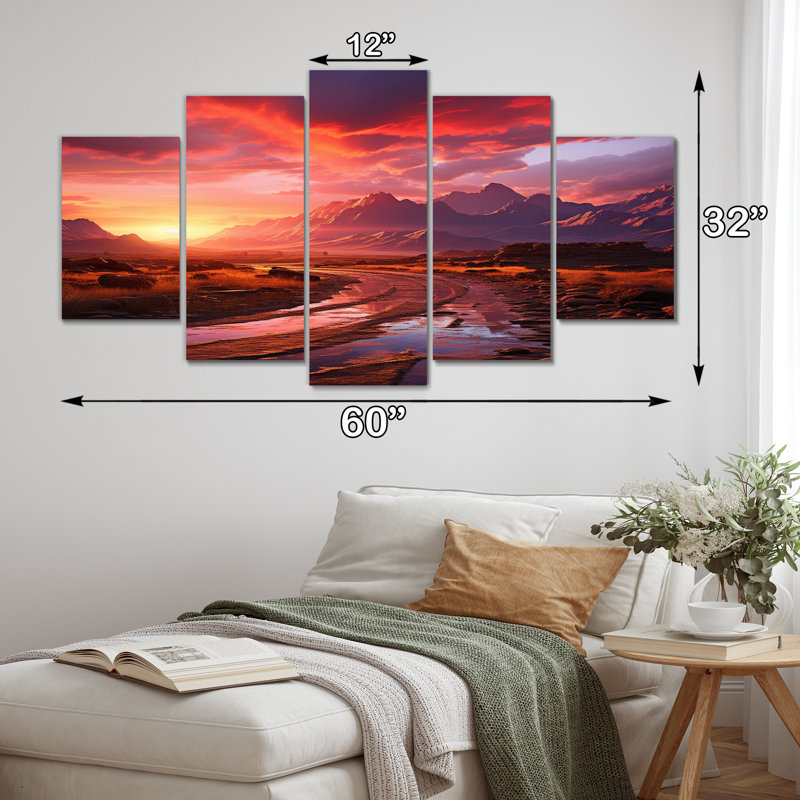«Purple Sunset Amber Embrace», impression d'art mural paysages - 5 panneaux