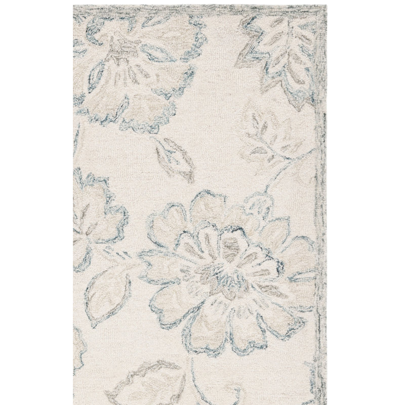 Rectangle Floral Handmade Tufted Wool/Cotton Area Rug in Ivory/Blue, Rectangle 3' x 5'