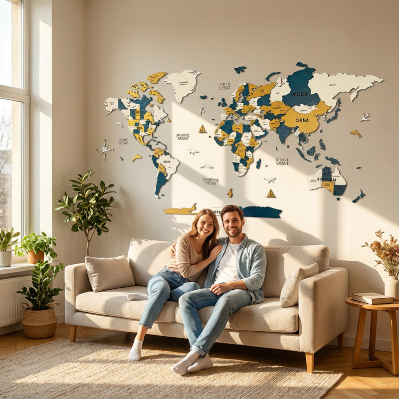 3D Wooden World Push Pin Map – Wall Art Travel Map with Flag Stickers, 41.1" H x 78.7" W x 1" D, Gold/Blue