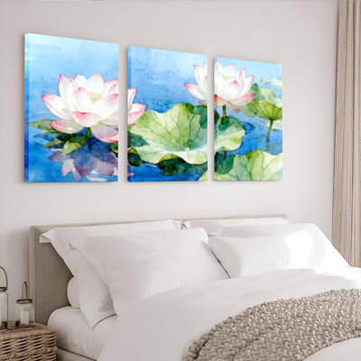 Aquarelle sur toile de fleur de lotus, impression florale sur toile (ensemble de 3)