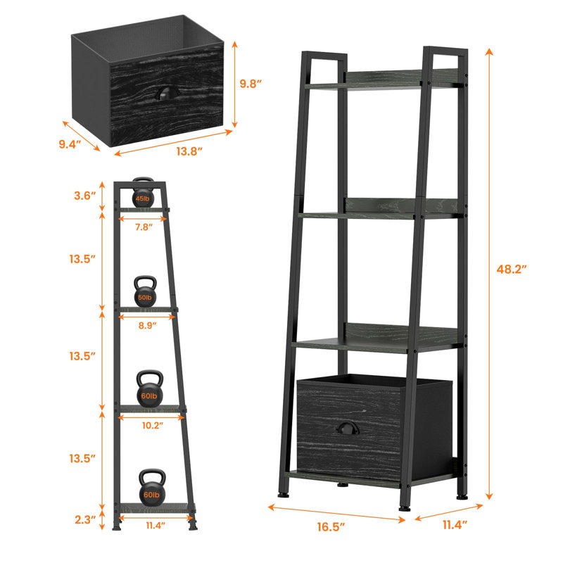 Black 4-Tier Ladder Bookshelf with Removable Drawer