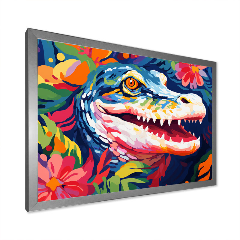 Popart alligator I, art mural crocodile, Cadre de coin argenté fermé, H 16 po x l 32 po x P 1 po